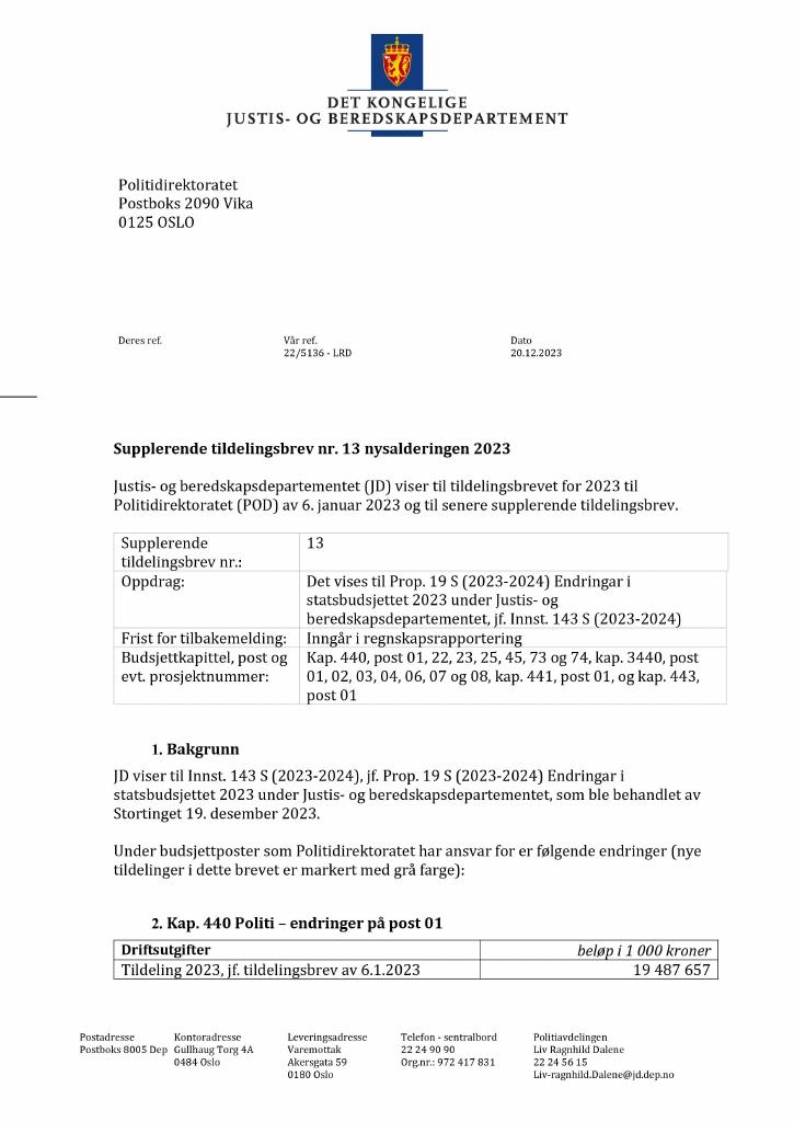 Forsiden av dokumentet Tildelingsbrev Politiet 2023 - tillegg nr. 13