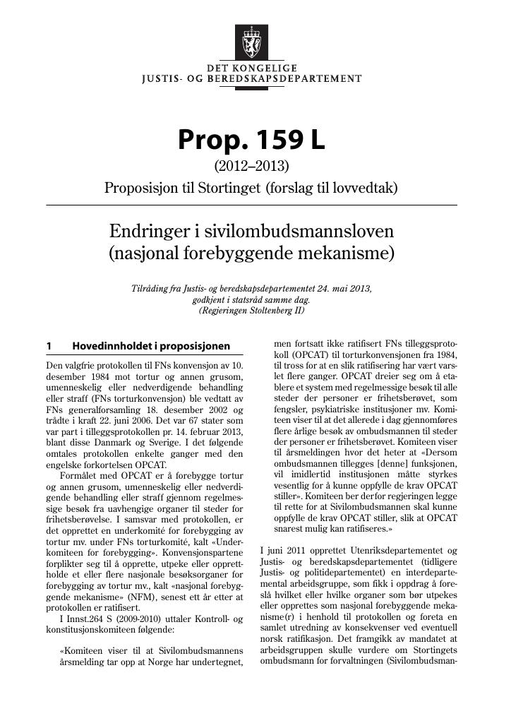 Forsiden av dokumentet Prop. 159 L (2012–2013)