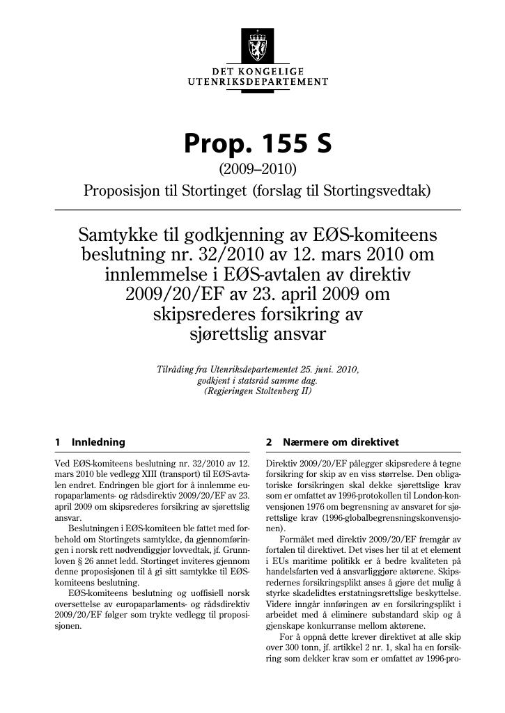 Forsiden av dokumentet Prop. 155 S (2009-2010)