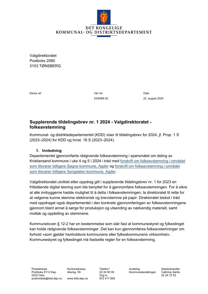 Forsiden av dokumentet Tildelingsbrev Valgdirektoratet 2024 - tillegg nr. 1