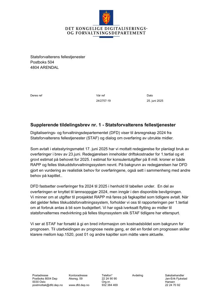 Forsiden av dokumentet Tildelingsbrev Statsforvalterens fellestjenester 2025 - tillegg nr. 1