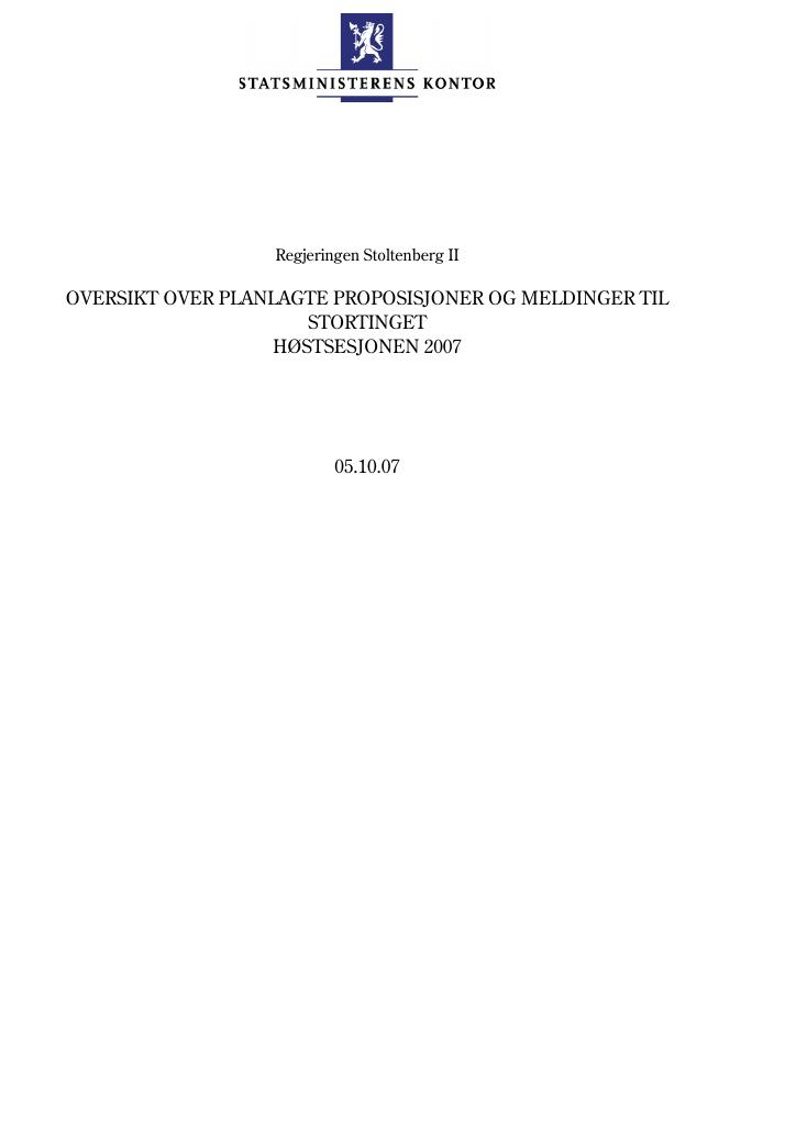 Forsiden av dokumentet Planlagte saker til Stortinget høstsesjonen 2007