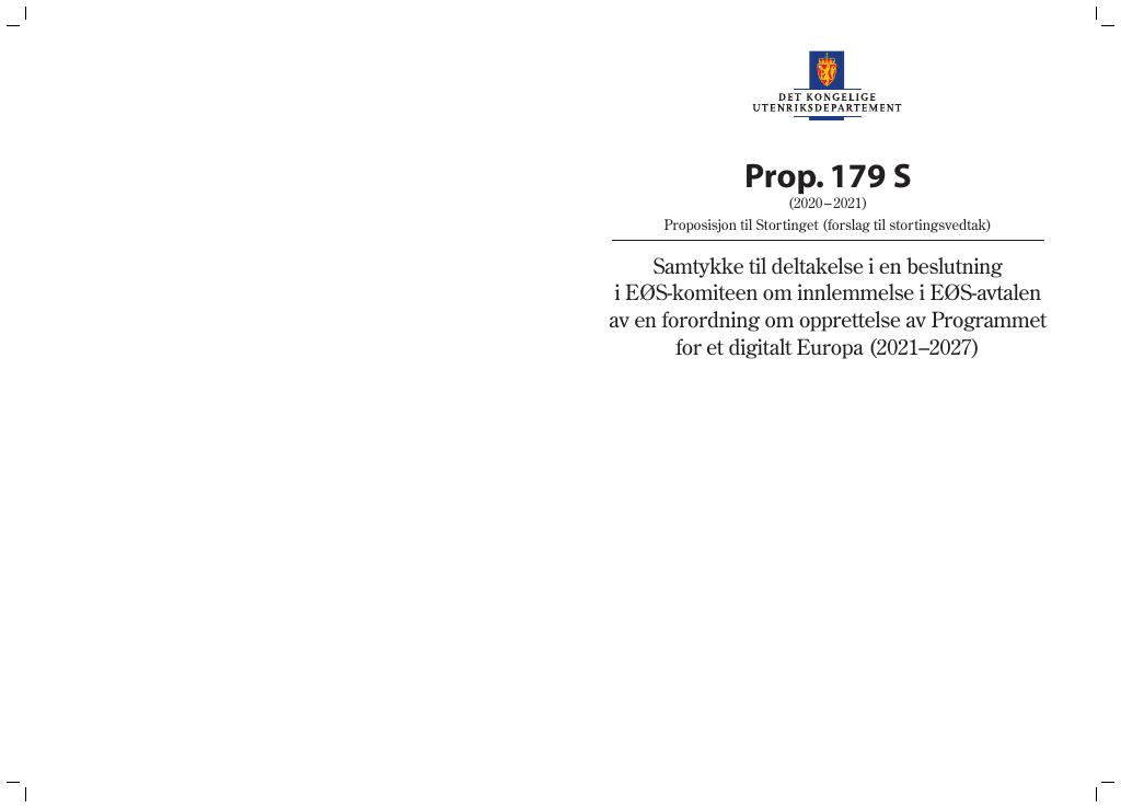 Forsiden av dokumentet Prop. 179 S (2020–2021)