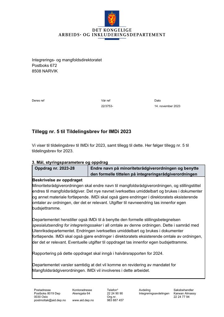 Forsiden av dokumentet Tildelingsbrev Integrerings- og mangfoldsdirektoratet (IMDi) 2023 - tillegg nr. 5