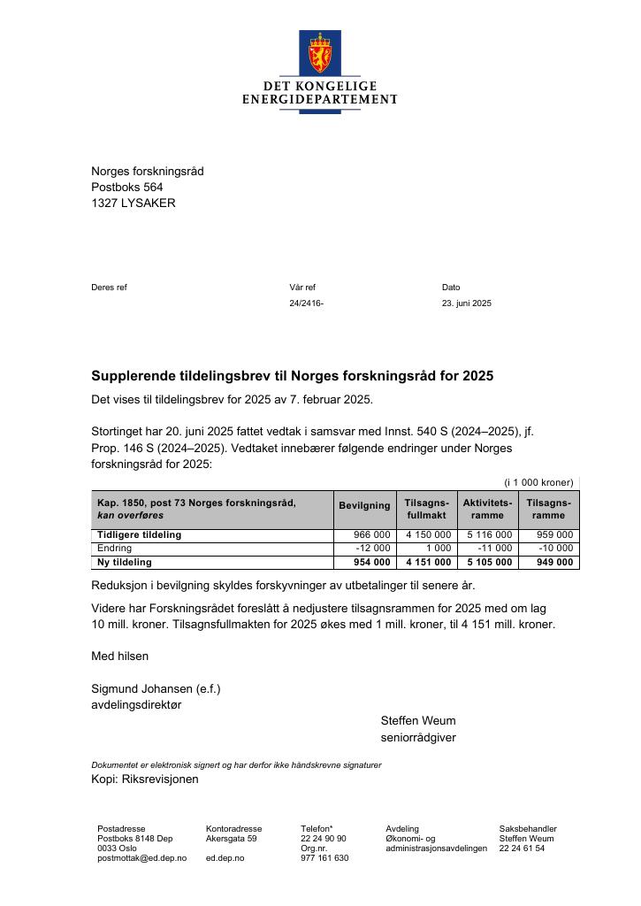 Forsiden av dokumentet Tildelingsbrev Norges forskningsråd 2025 - tillegg nr. 1