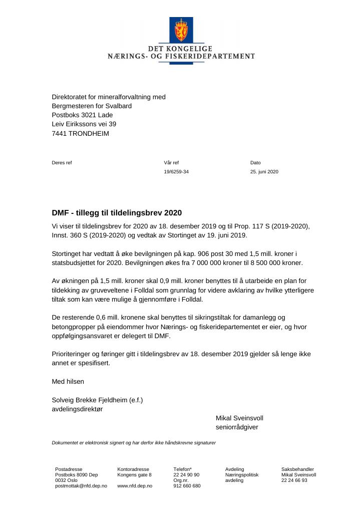 Forsiden av dokumentet Tildelingsbrev Direktoratet for mineralforvaltning med
Bergmesteren for Svalbard 2020 - tillegg nr. 1