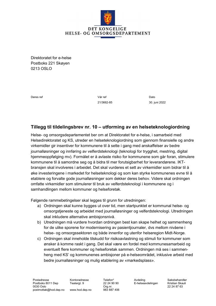 Forsiden av dokumentet Tildelingsbrev Direktoratet for e-helse 2022 - tillegg nr. 10