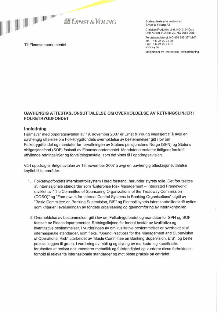 Forsiden av dokumentet Uavhengig attestasjonsuttalelse om overholdelse av retningslinjer i Folketrygdfondet 