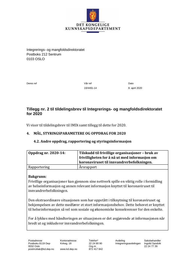 Forsiden av dokumentet Tildelingsbrev Integrerings- og mangfoldsdirektoratet (IMDi) 2020 - tillegg nr. 2