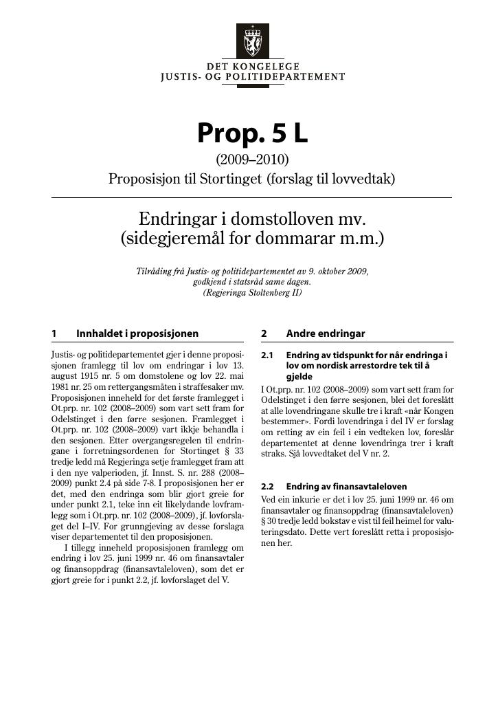 Forsiden av dokumentet Prop. 5 L (2009-2010)