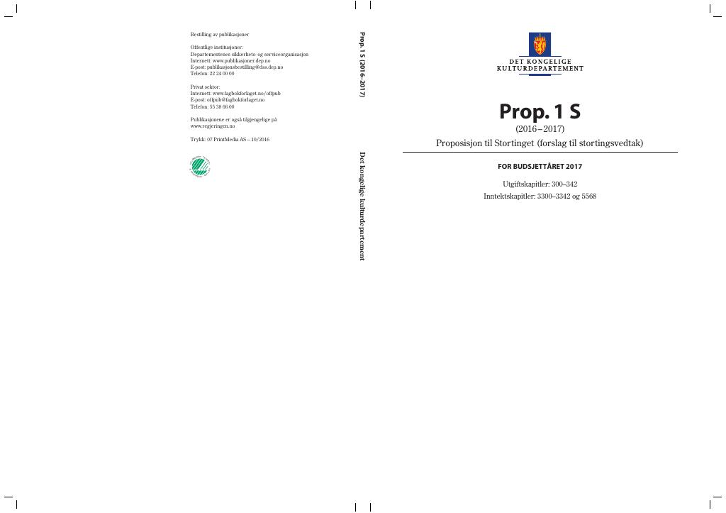 Forsiden av dokumentet Prop. 1 S (2016–2017)