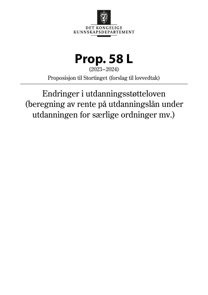 Forsiden av dokumentet Prop. 58 L (2023–2024)