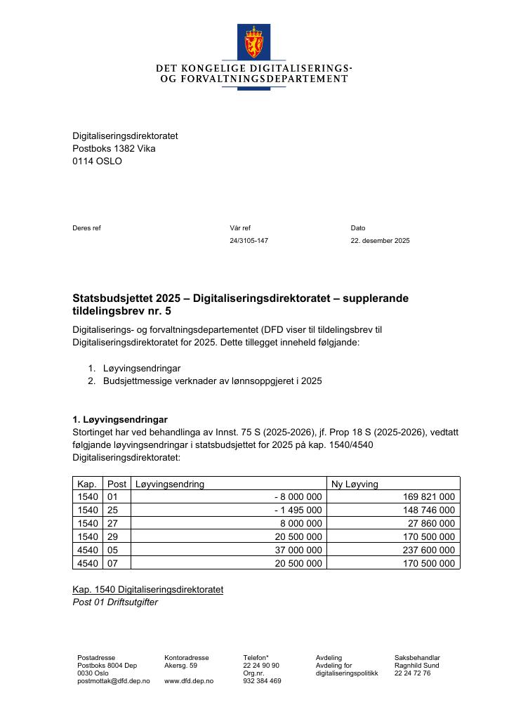 Forsiden av dokumentet Tildelingsbrev Digitaliseringsdirektoratet 2025 - tillegg nr. 5