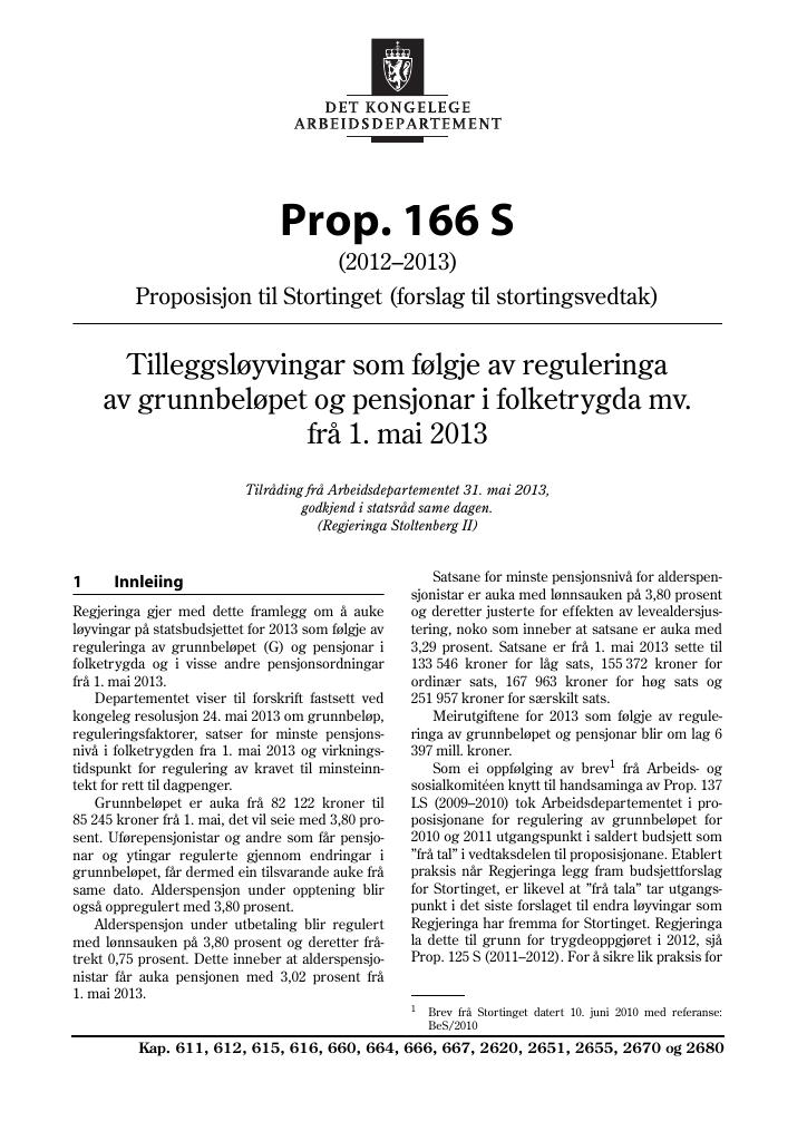 Forsiden av dokumentet Prop. 166 S (2012–2013)