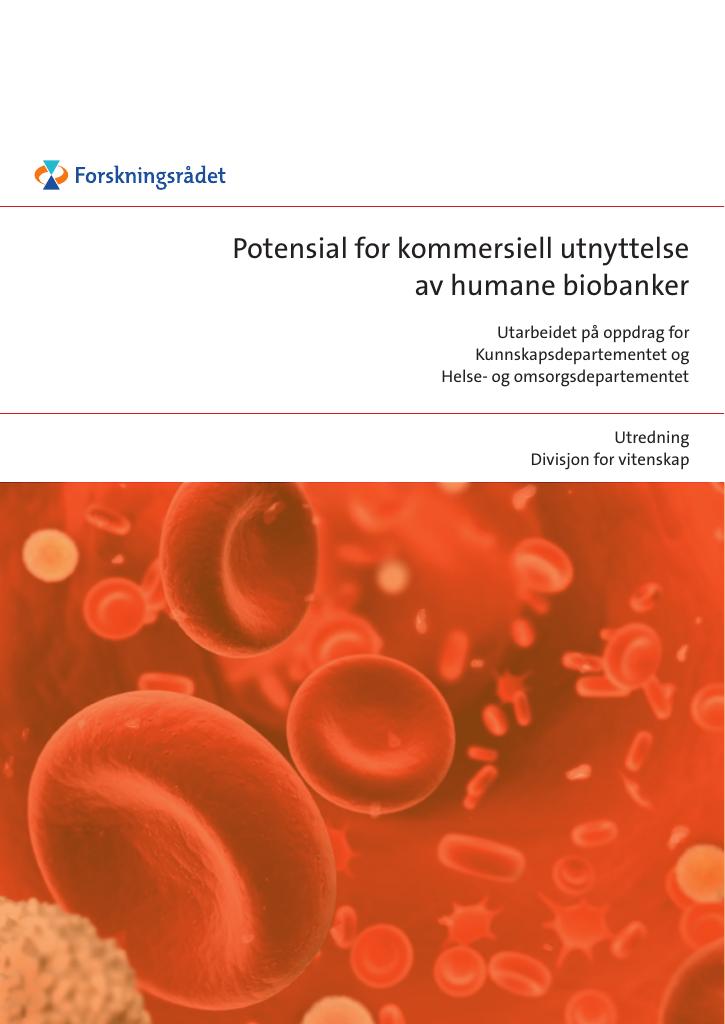 Forsiden av dokumentet Potensial for kommersiell utnyttelse av humane biobanker