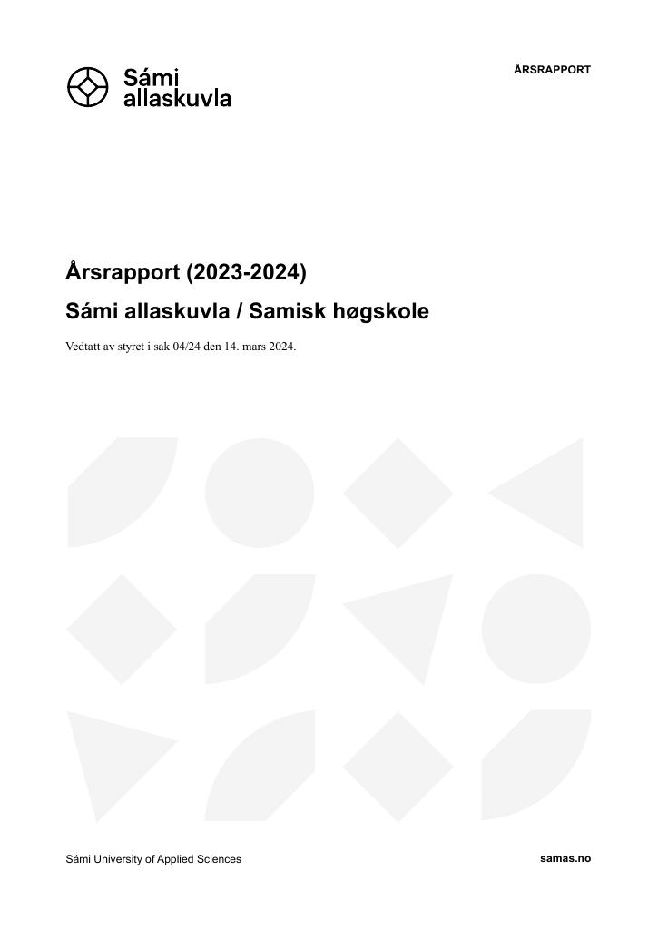 Forsiden av dokumentet Årsrapport Sámi allaskuvla / Samisk høgskole 2023