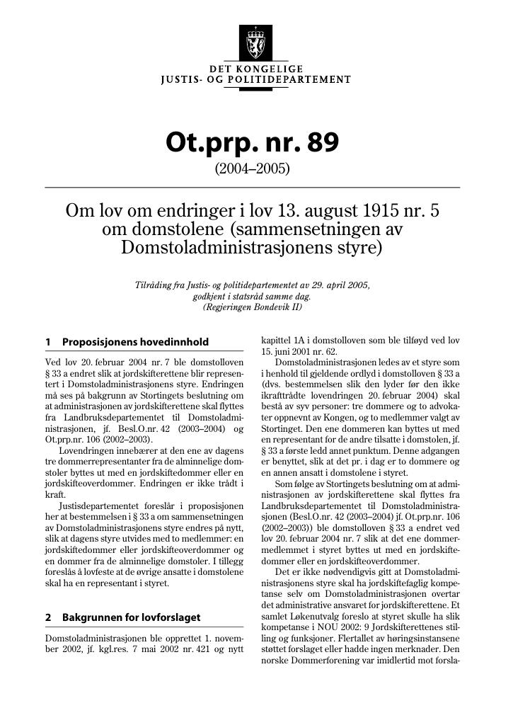 Forsiden av dokumentet Ot.prp. nr. 89 (2004-2005)