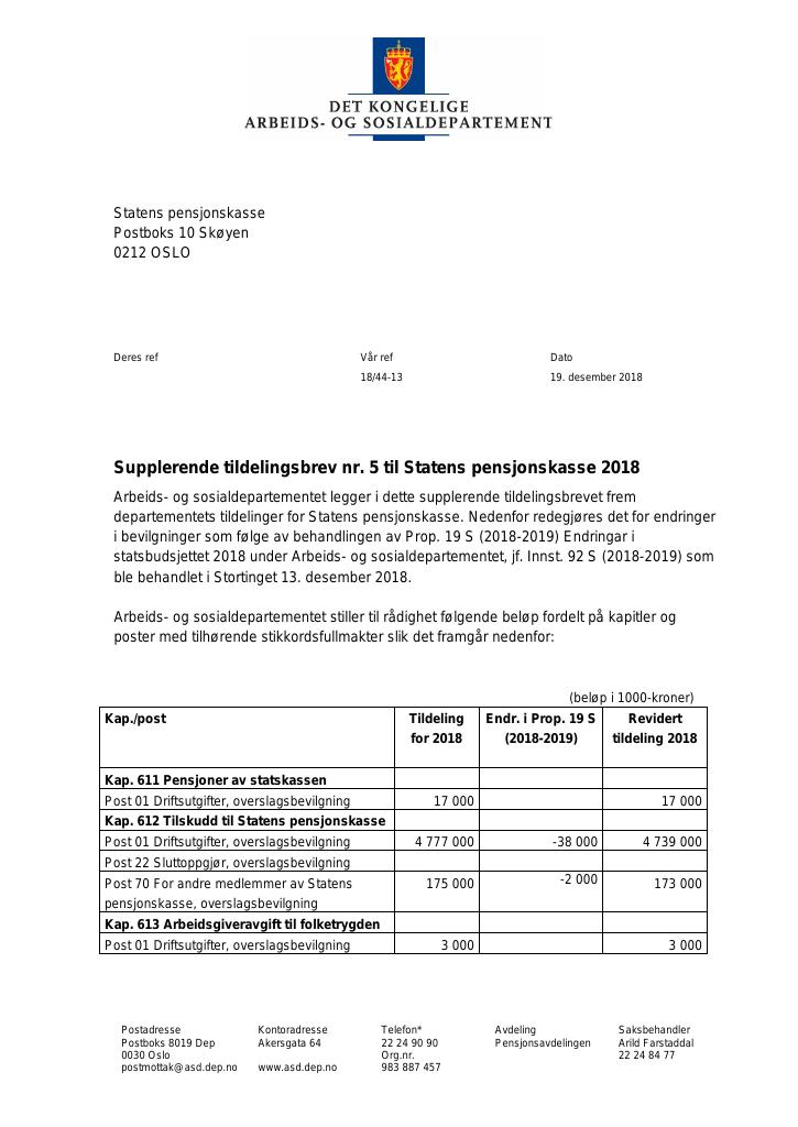 Forsiden av dokumentet Supplerende tildelingsbrev nr. 5 Statens pensjonskasse 2018