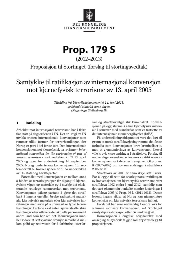 Forsiden av dokumentet Prop. 179 S (2012–2013)