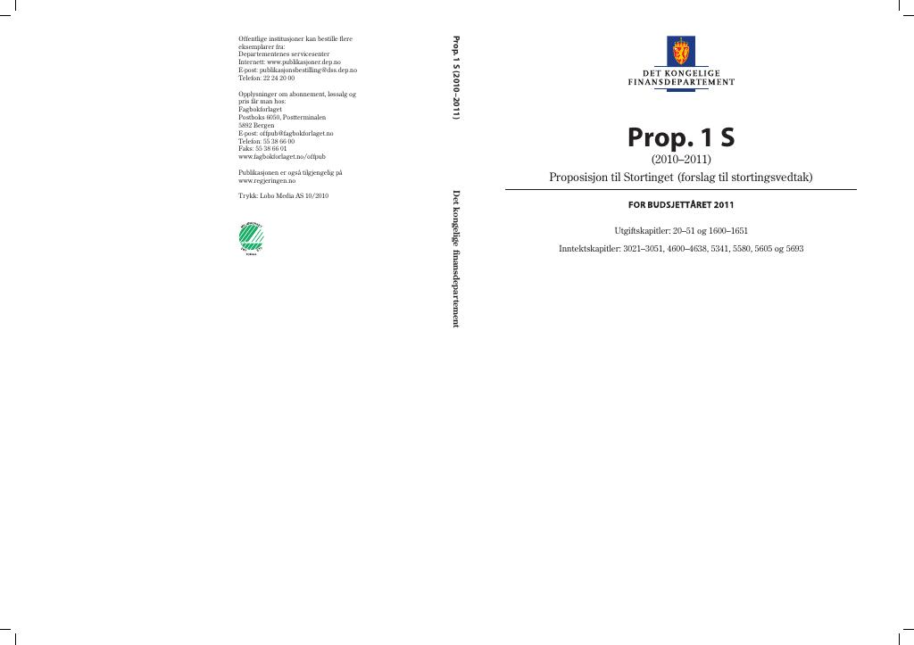 Forsiden av dokumentet Prop. 1 S (2010–2011)