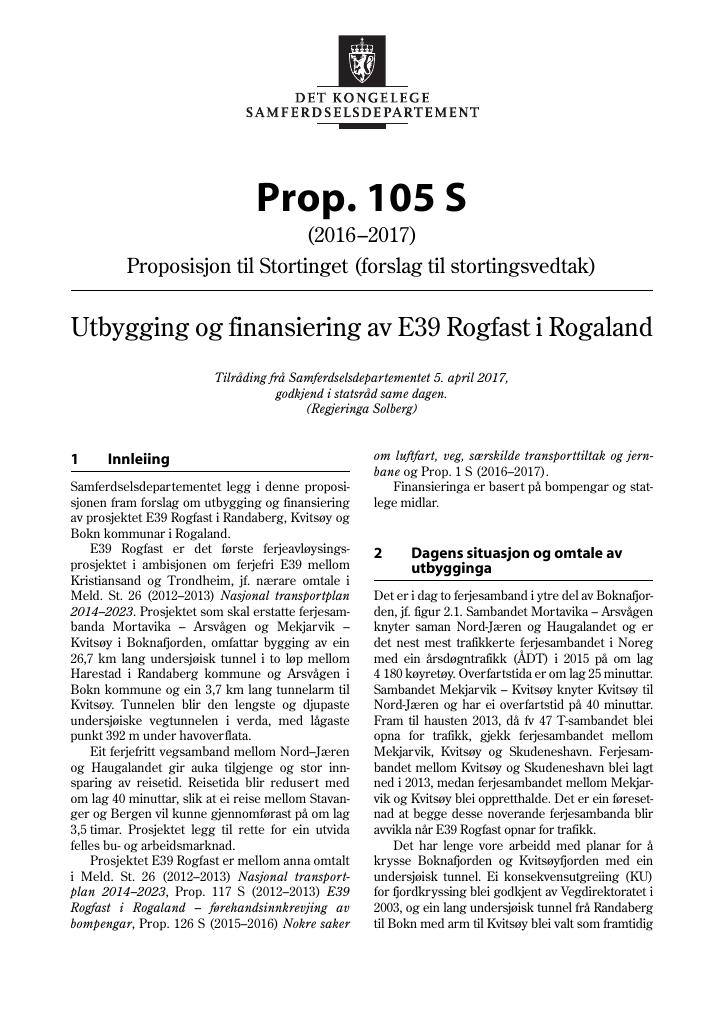 Forsiden av dokumentet Prop. 105 S (2016–2017)