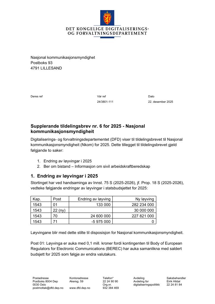 Forsiden av dokumentet Tildelingsbrev Nkom 2025 - tillegg nr. 6