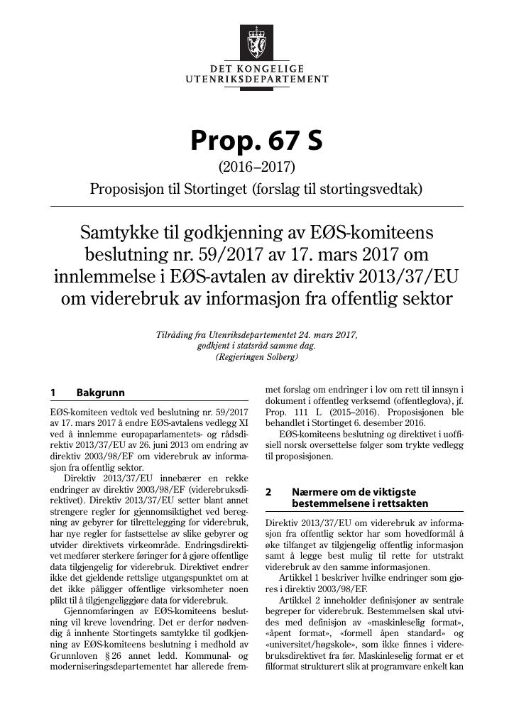 Forsiden av dokumentet Prop. 67 S (2016–2017)