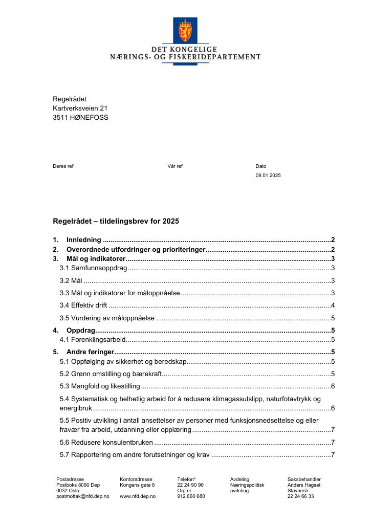 Forsiden av dokumentet Tildelingsbrev Regelrådet 2025
