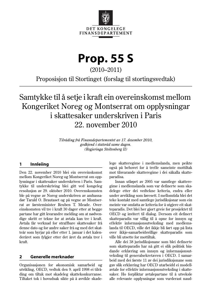 Forsiden av dokumentet Prop. 55 S (2010–2011)