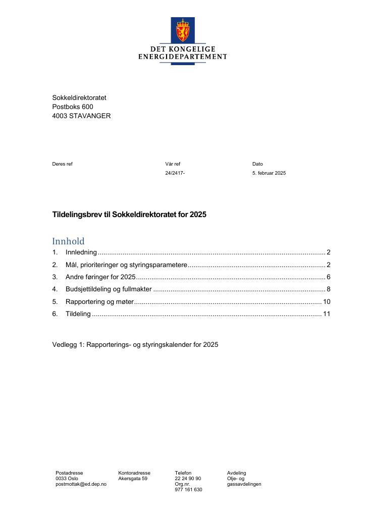 Forsiden av dokumentet Tildelingsbrev Sokkeldirektoratet 2025