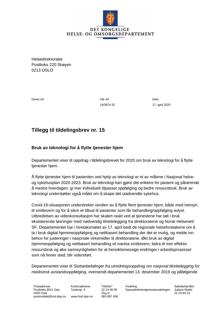 Forsiden av dokumentet Tildelingsbrev Helsedirektoratet 2020 - tillegg nr. 15