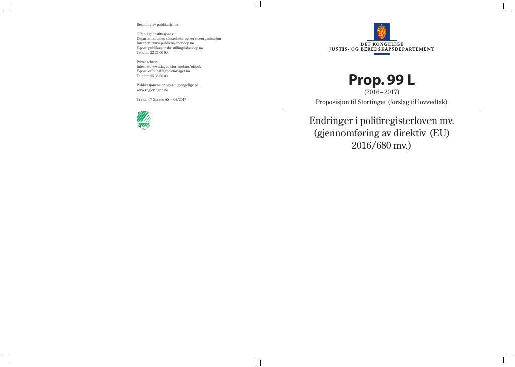 Forsiden av dokumentet Prop. 99 L (2016–2017)