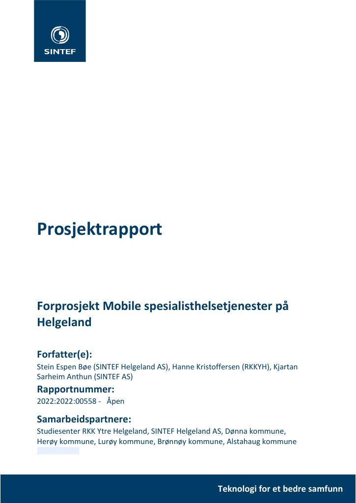 Forsiden av dokumentet Prosjektrapport : Forprosjekt Mobile spesialhelsetjenester på Helgeland