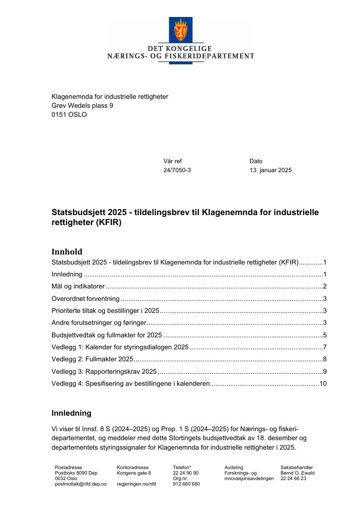 Forsiden av dokumentet Tildelingsbrev Klagenemnda for industrielle rettigheter 2025
