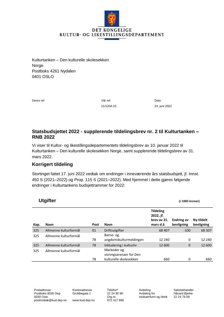 Forsiden av dokumentet Supplerende tildelingsbrev nr. 2 2022 (.pdf)