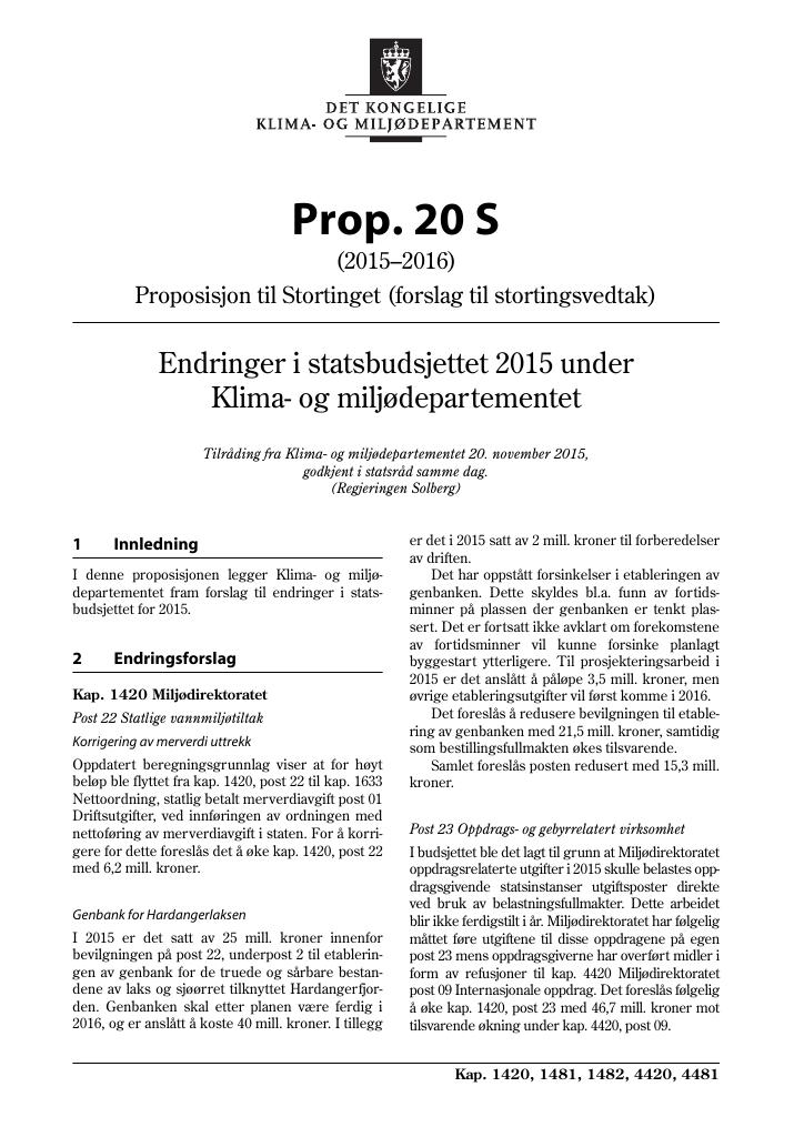 Forsiden av dokumentet Prop. 20 S (2015–2016)