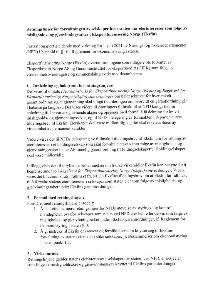 Forsiden av dokumentet Retningslinjer for forvaltningen av selskap hvor staten har eierinteresser som følge av misligholds-og gjenvinningssaker i eksportfinansiering