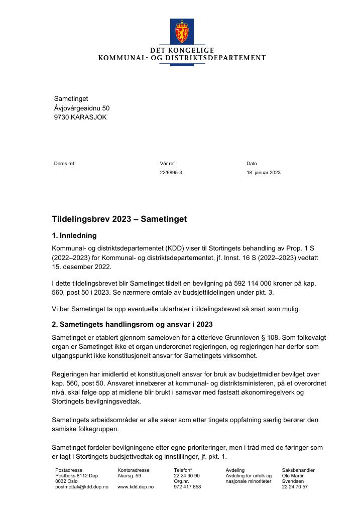 Forsiden av dokumentet Tildelingsbrev Sametinget 2023