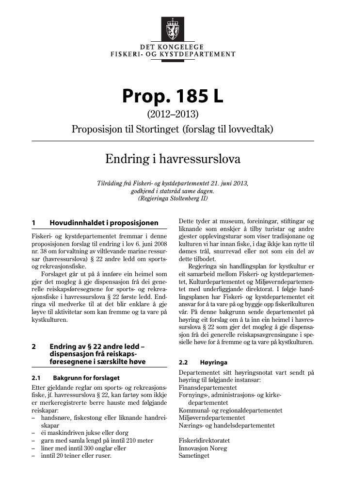 Forsiden av dokumentet Prop. 185 L (2012–2013)