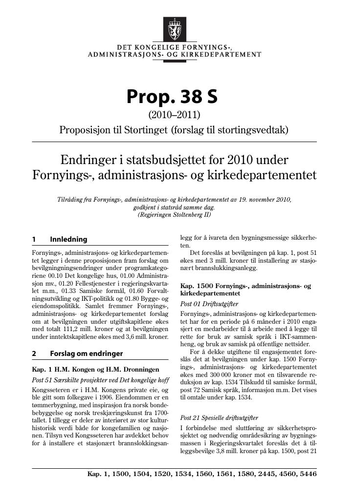 Forsiden av dokumentet Prop. 38 S  (2010–2011)