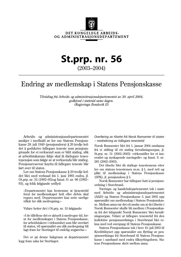 Forsiden av dokumentet St.prp. nr. 56 (2003-2004)