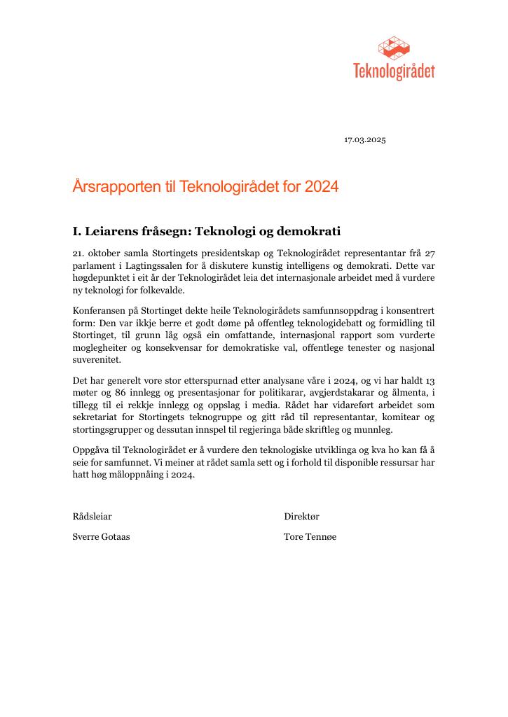 Forsiden av dokumentet Årsrapporten Teknologirådet 2024