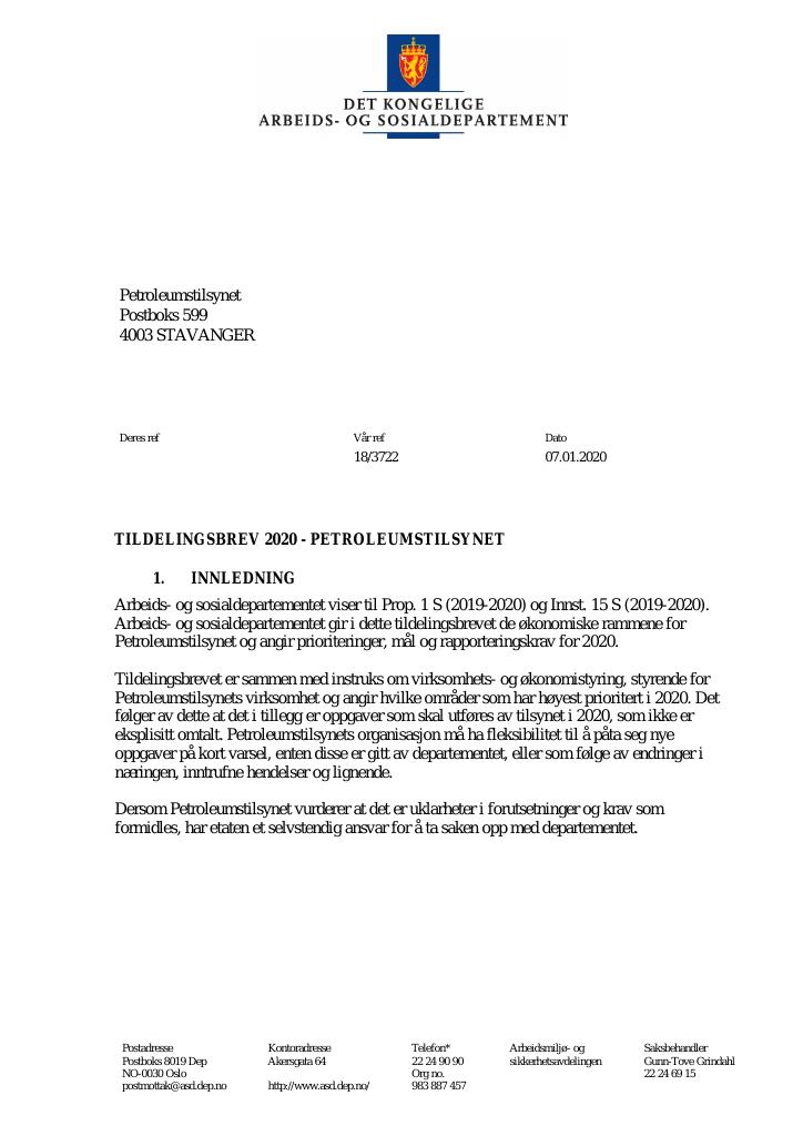 Forsiden av dokumentet Tildelingsbrev Petroleumstilsynet 2020