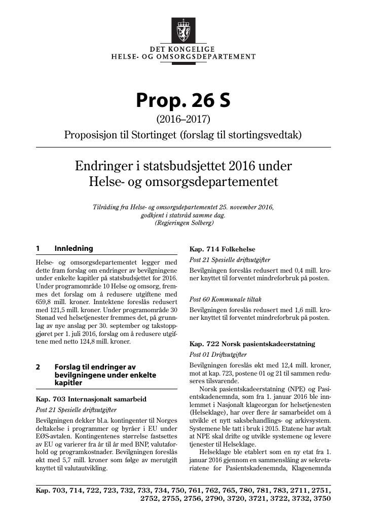 Forsiden av dokumentet Prop. 26 S (2016–2017)