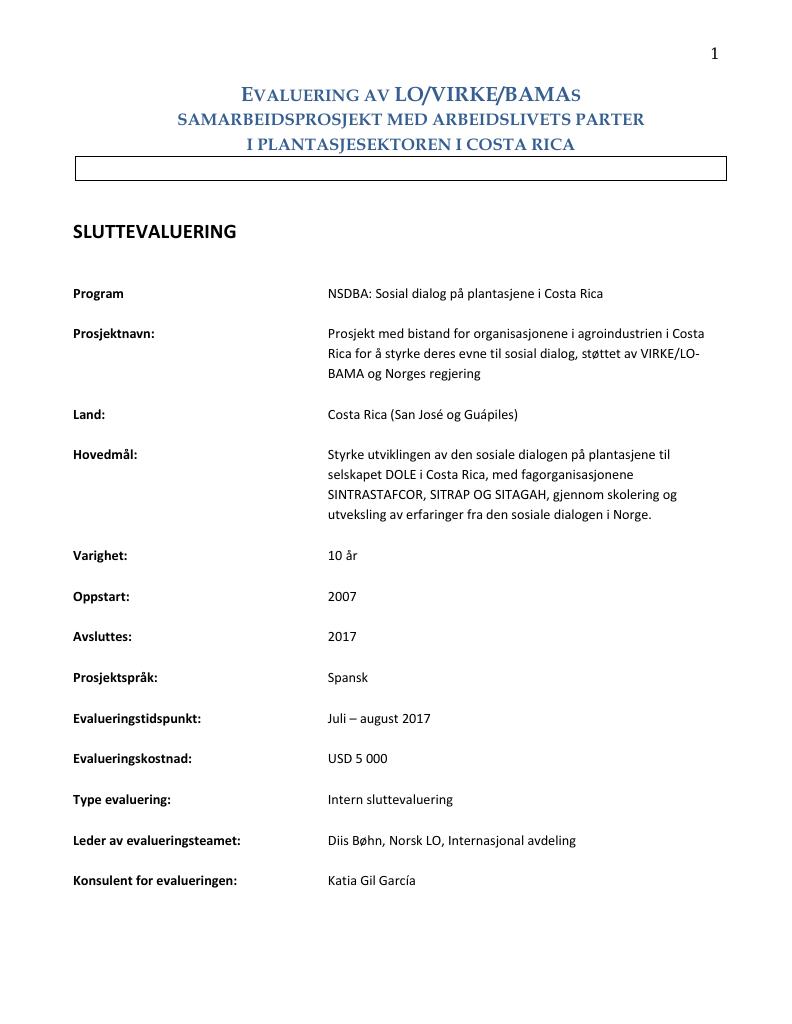 Forsiden av dokumentet Evaluering av LO VIRKE-BAMAS samarbeidsprosjekt med arbeidslivets parter i plantasjesektoren i Costa Rica