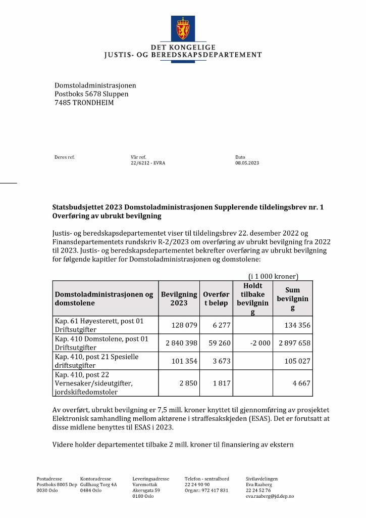 Forsiden av dokumentet Tildelingsbrev Domstoladministrasjonen 2023 - tillegg nr. 1