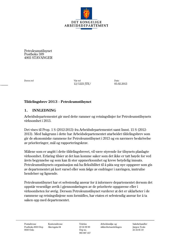 Forsiden av dokumentet Tildelingsbrev (PDF)