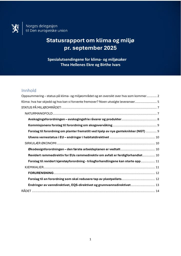 Forsiden av dokumentet EU-delegasjonens rapport om klima og miljø, september 2025