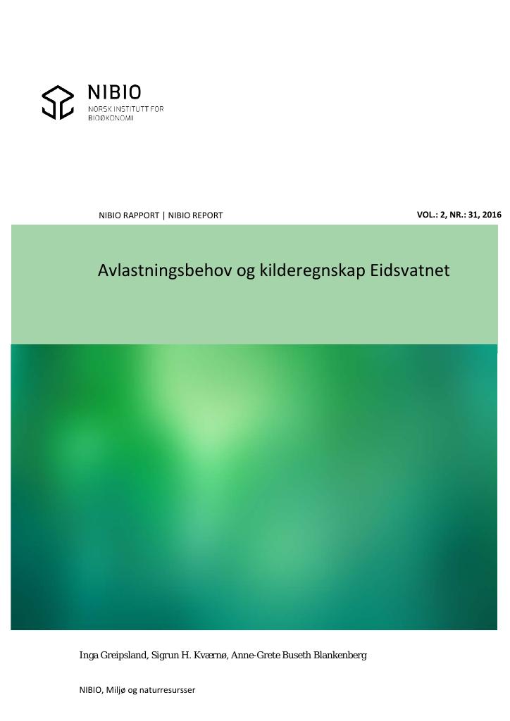 Forsiden av dokumentet Avlastningsbehov og kilderegnskap Eidsvatnet