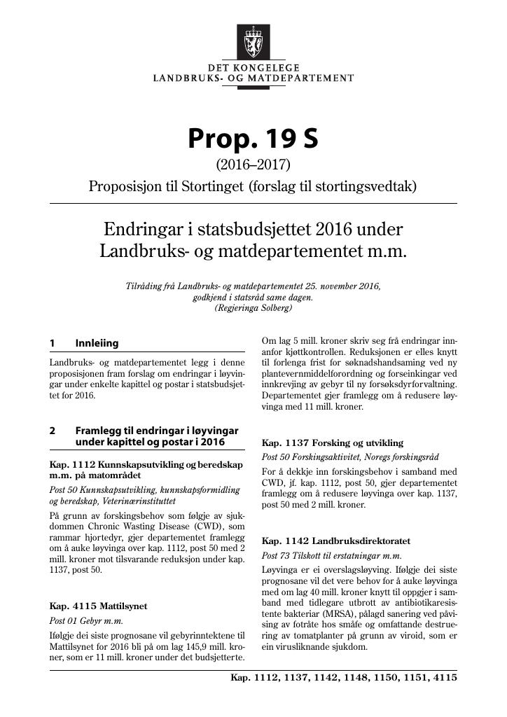 Forsiden av dokumentet Prop. 19 S (2016–2017)
